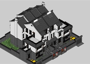 现代中式联排别墅设计SU(草图大师)模型
