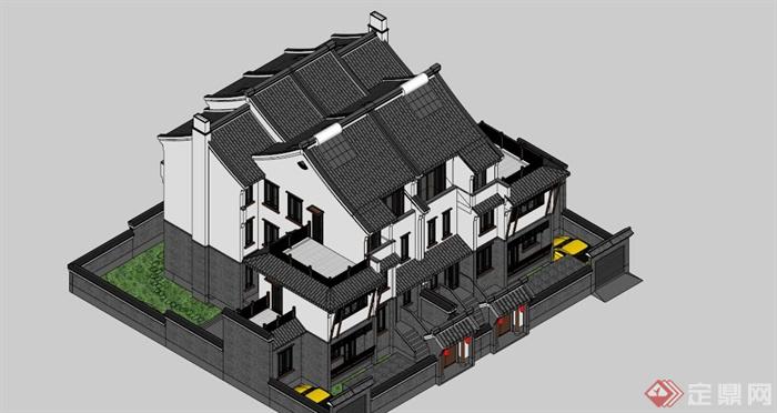 现代中式联排别墅设计SU模型(1)
