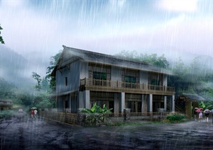 中式别墅建筑雨景设计psd效果图