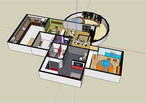 某现代风格大户型住宅空间设计SU(草图大师)模型含庭院