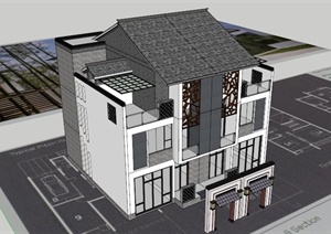 新中式联排别墅设计SU(草图大师)模型