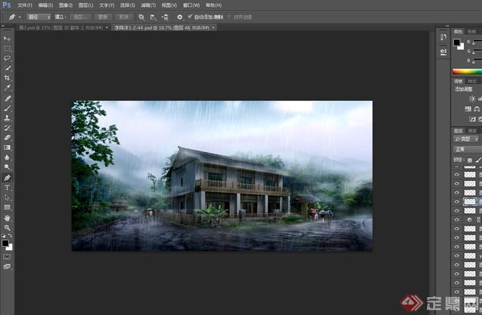 中式别墅建筑雨景设计psd效果图(2)