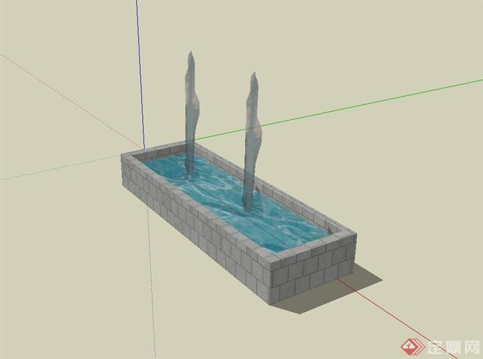 现代砖砌喷泉水池设计su模型(2)