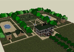 某美式独栋别墅建筑含种植园设计SU(草图大师)模型