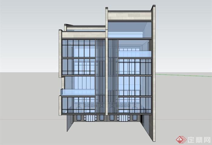 玻璃幕墙中式别墅设计SU模型(3)