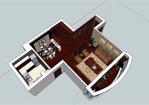 现代中式风格客厅、餐厅、厨房设计SU(草图大师)模型