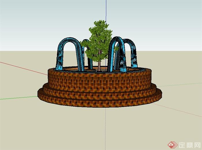 精致圆形喷泉水池设计su模型(3)