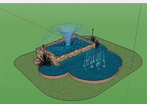 某现代风格小区入口喷泉水池设计SU(草图大师)模型