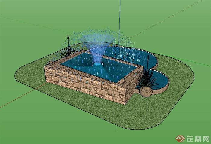 某现代风格小区入口喷泉水池设计su模型(2)