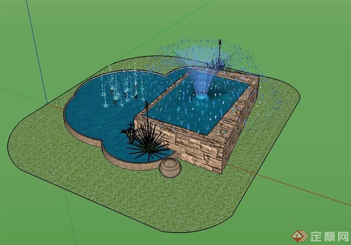 某现代风格小区入口喷泉水池设计su模型(3)