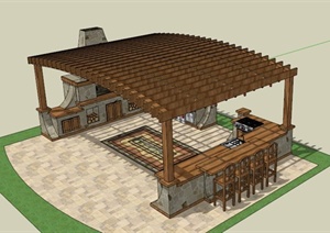 现代木制户外廊架厨房设计SU(草图大师)模型