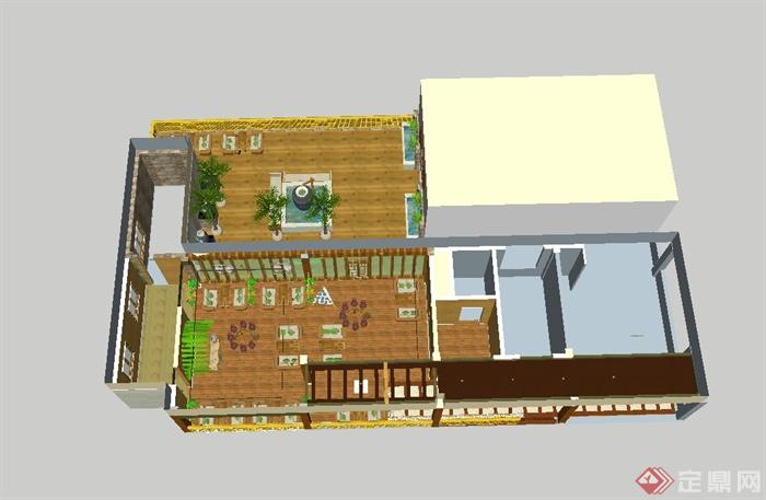 某现代风格餐厅设计SU模型含庭院(3)