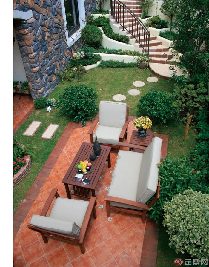 别墅庭院,庭院景观,沙发组合,石板听不,楼梯设计