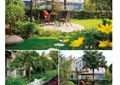 庭院,庭院花园,伞桌椅,栅栏,种植池,汀步,草坪