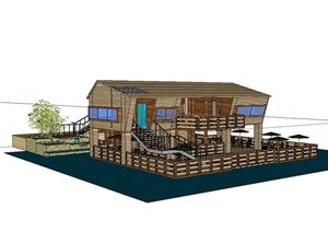 某现代风格全木质海上餐馆建筑设计SU(草图大师)模型