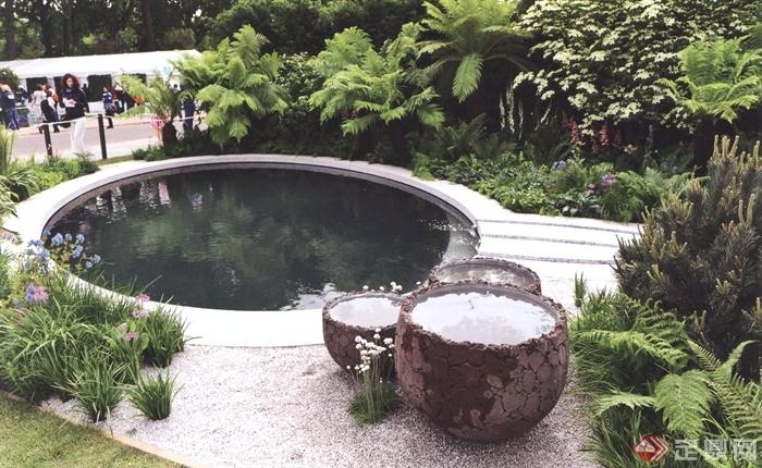 别墅庭院,庭院景观,水池景观,水缸