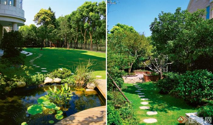 庭院景观,庭院设计,阳光草坪,石板汀步,水池景观
