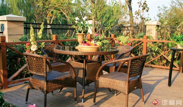 庭院景观,木平台,休闲桌椅组合,栏杆围栏
