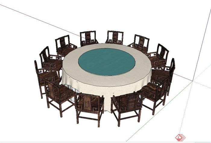 现代中式风格包房圆形桌椅设计su模型(1)
