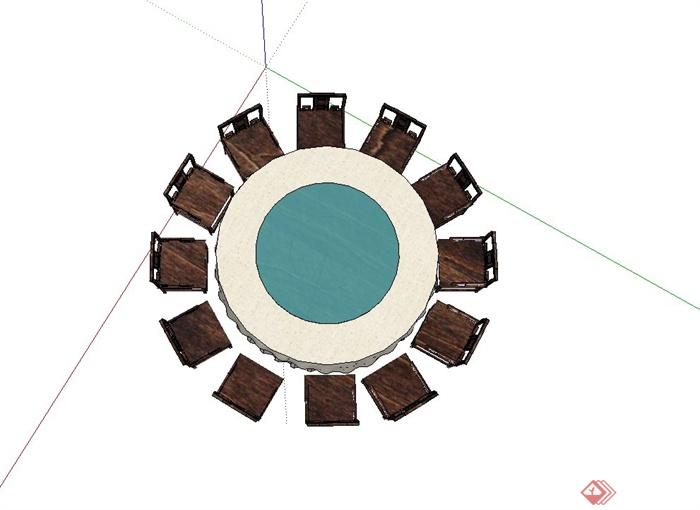 现代中式风格包房圆形桌椅设计su模型(2)