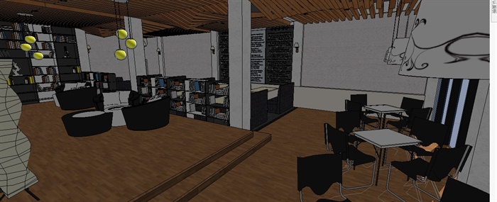 一个咖啡书吧室内装潢sketchup精致设计模型(1)