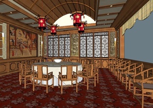 某现代中式餐厅包间设计SU(草图大师)模型