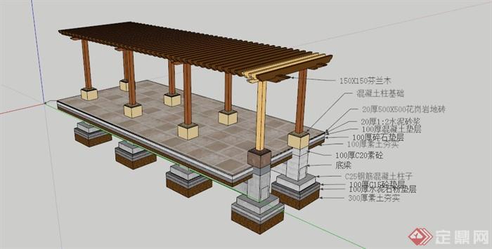 现代木廊架设计SU模型（含材料标注）(2)