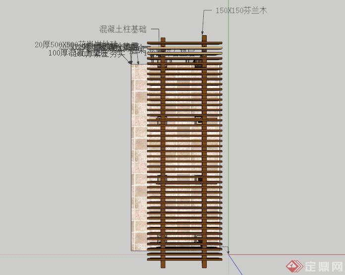 现代木廊架设计SU模型（含材料标注）(3)