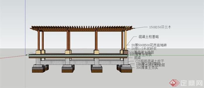 现代木廊架设计SU模型（含材料标注）(4)