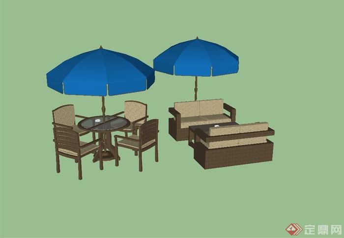 户外休闲咖啡桌椅椅遮阳伞SU模型(1)