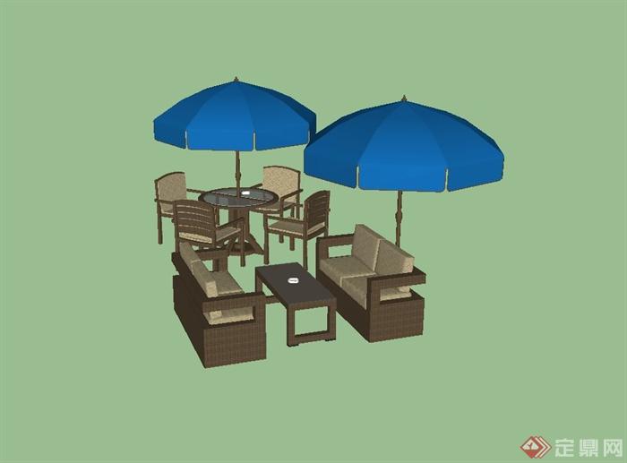 户外休闲咖啡桌椅椅遮阳伞SU模型(2)