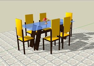 中式地板砖餐桌椅SU(草图大师)模型