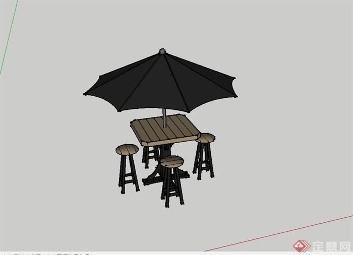 户外咖啡桌遮阳伞SU模型(1)