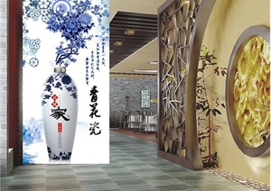 某现代中式风格客餐厅组合设计3d模型含效果图