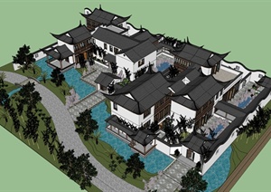 中式园林别墅合院建筑设计SU(草图大师)模型