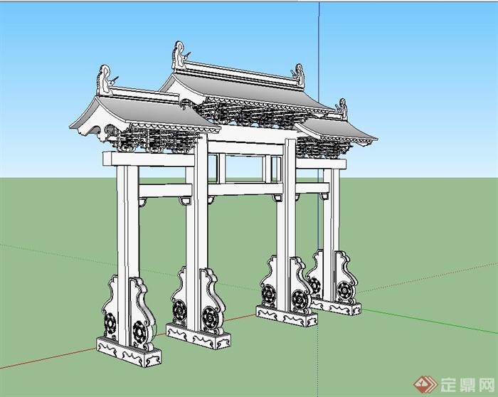 某古典中式牌坊门设计su模型(2)