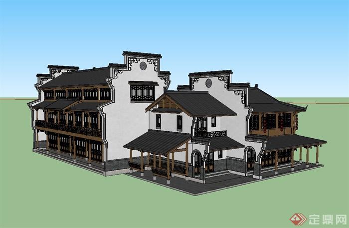 南方古建商住综合建筑设计su模型(1)