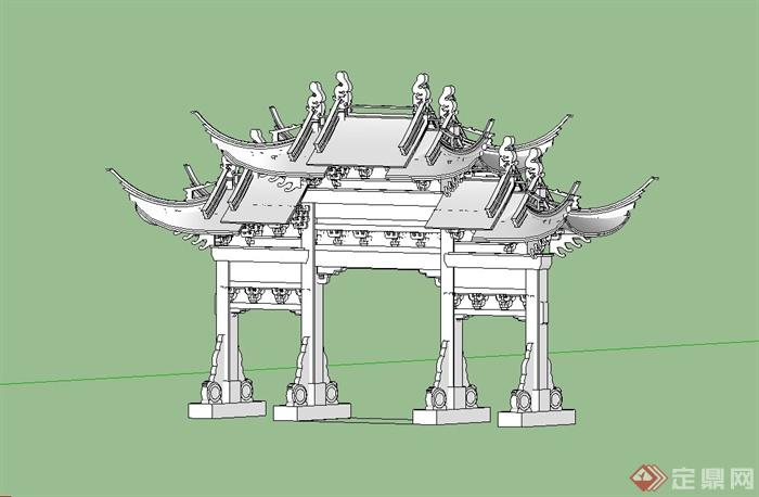 古典中式无材质贴图牌坊设计su模型(1)