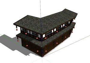 L形仿古木楼建筑设计SU(草图大师)模型