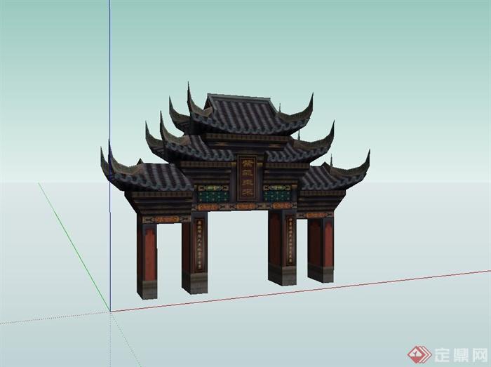 精致寺庙入口牌坊设计su模型(1)