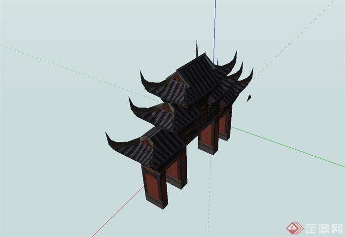 精致寺庙入口牌坊设计su模型(3)