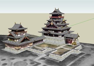 日式风格古城堡阁楼建筑设计SU(草图大师)模型