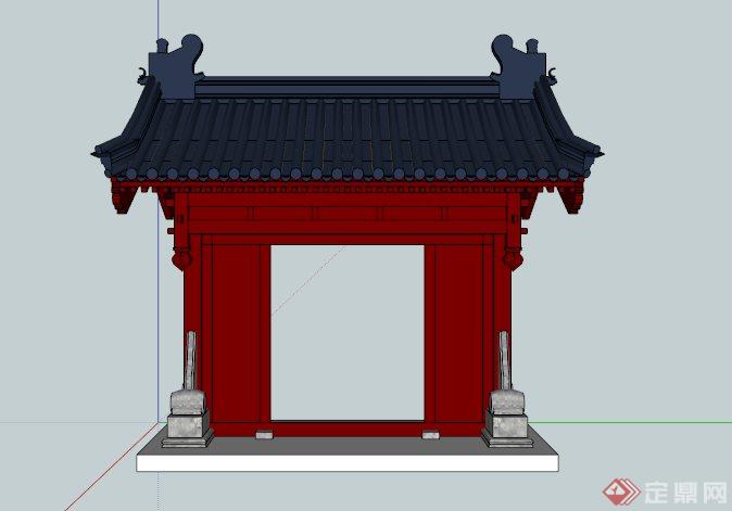 红色单排柱式垂花门SU模型(4)