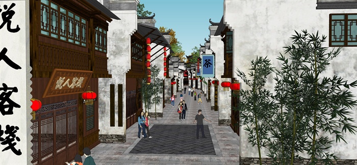 中式滨水商业街及商业建筑设计su模型