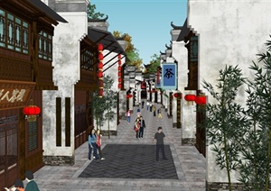 中式滨水商业街及商业建筑设计SU(草图大师)模型
