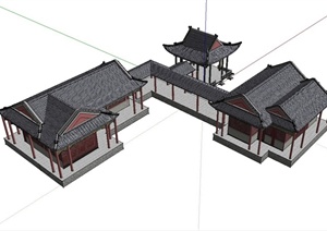 古典中式皇家园林凉亭、亭房、长廊组合设计SU(草图大师)模型