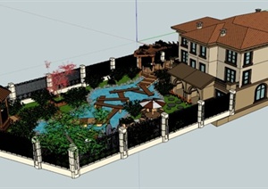 某现代中式别墅庭院景观设计SU(草图大师)模型