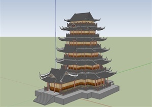 某日式多层寺庙塔楼建筑SU(草图大师)模型