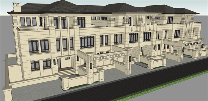 新古典风格联排别墅住宅建筑设计(SU模型 效果图)