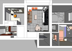 现代规整两居室室内装饰设计SU(草图大师)模型